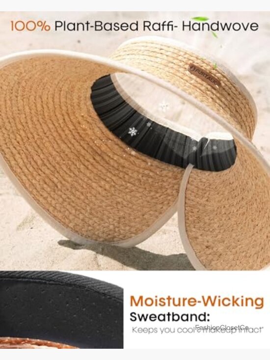 Natural Raffia Straw Wide Brim Sun Hat UPF 50+ Packable Ponytail Beach Visor main image 4